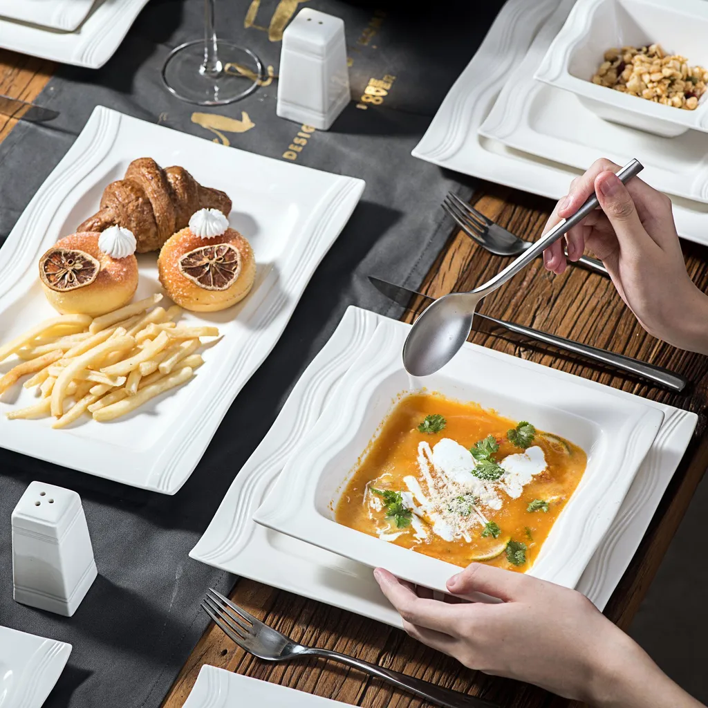 MALACASA, Serie Mario, 28-teilig Kombiservice Aus Porzellan Geschirrset Mit Je 6 Schalen, 6 Dessertteller, 6 Suppenteller, 6 Speiseteller, 2 Rechteckige Platten Und 2 Salz- Und Pfefferdosen – Bild 4