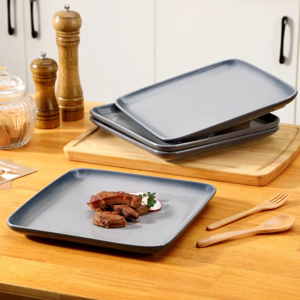 LOVECASA Tafelservice, 4-tlg Set Quadratische Speiseteller Aus Steingut, Flachteller, Frühstücksteller Für 4 Personen, Grau – Bild 5