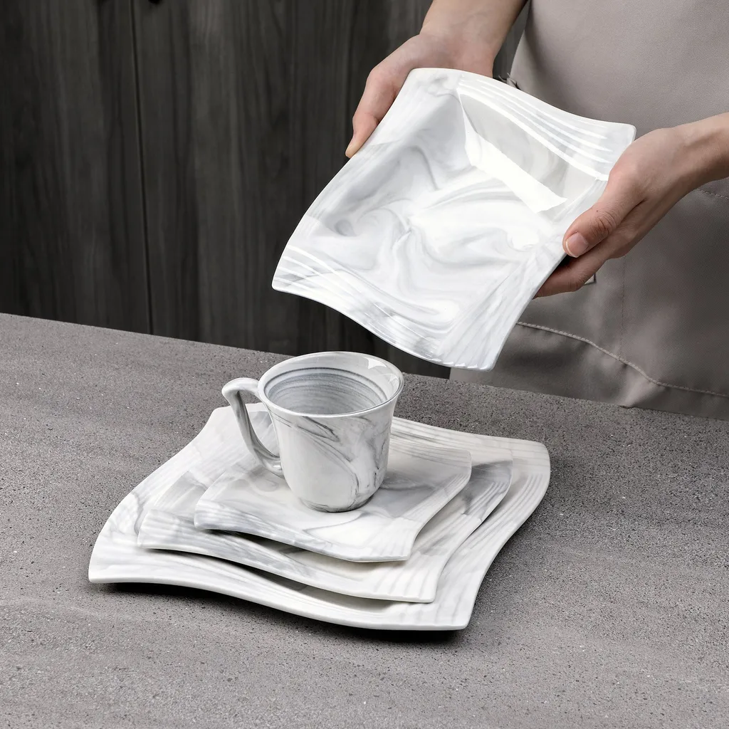 MALACASA, AMPARO 30 Tlg. Marmor Porzellan Geschirrset Kombiservice Tafelservice Mit Kaffeetassen, Unterteller, Dessertteller, Suppenteller, Speiseteller Für 6 Personen – Bild 3