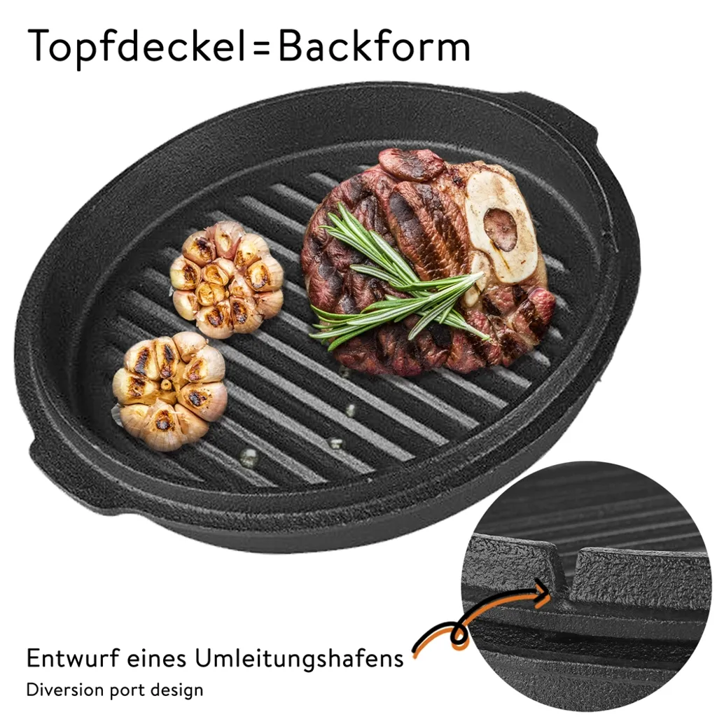 Mucola Gusseisen Feuertopf Gusstopf Inkl. Deckelgriff 2in1 Kochtopf & Pfanne 9,0L Dutch Oven Potjie Camping Kochgeschirr – Bild 3