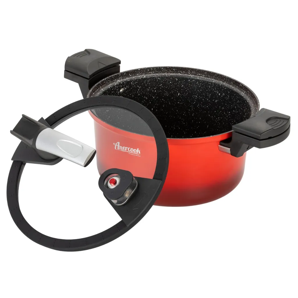 AMERCOOK Fresh Cooker Kochtopf Niederdrucktopf 24 Cm - Universal-Topf Für Alle Herdarten Kochtopf - Induktionsgeeigneter Kochtopf Energiespartopf - Kochtopf Vitaminschonend Schnellkochtopf Mit Ventil – Bild 4