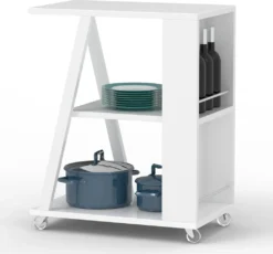 SoBuy FKW77-W Design Servierwagen Küchenwagen Beistellwagen Rollwagen Mit 3 Ablagen Und 2 Regalfächern Weiß BHT Ca.: 60x77x38cm