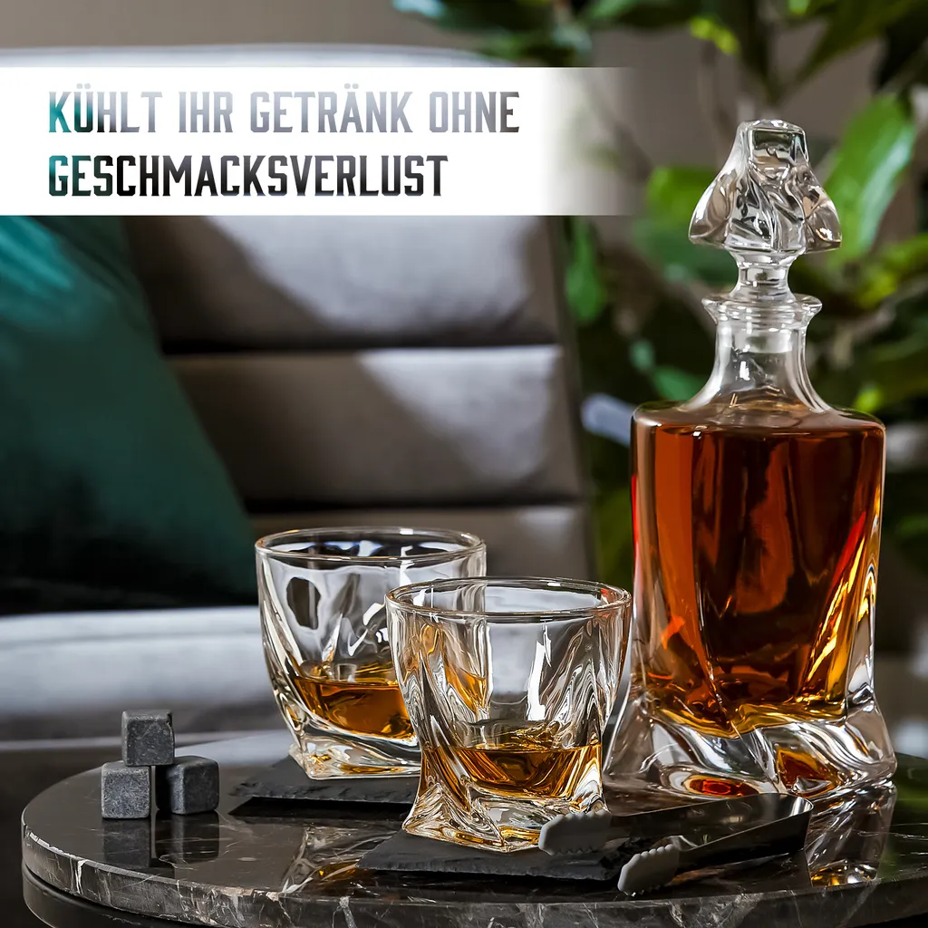 Whisiskey - Whisky Karaffe – Twisted Dekanter Set - Whiskey Karaffe Set - 1000ML - Geschenke Für Männer - Inkl. 8 Whisky Steine, Zange & 2 Whisky Gläser – Bild 3