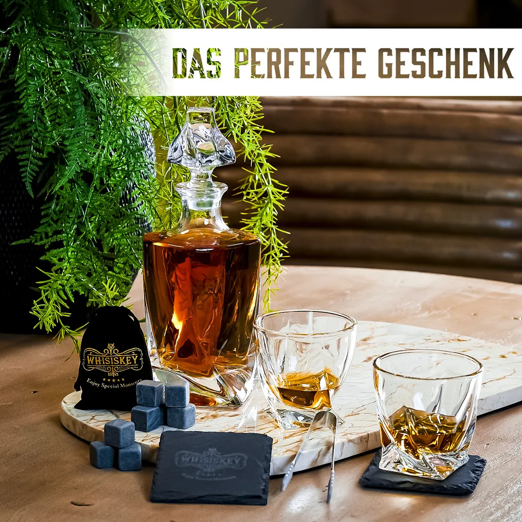 Whisiskey - Whisky Karaffe – Twisted Dekanter Set - Whiskey Karaffe Set - 1000ML - Geschenke Für Männer - Inkl. 8 Whisky Steine, Zange & 2 Whisky Gläser – Bild 4