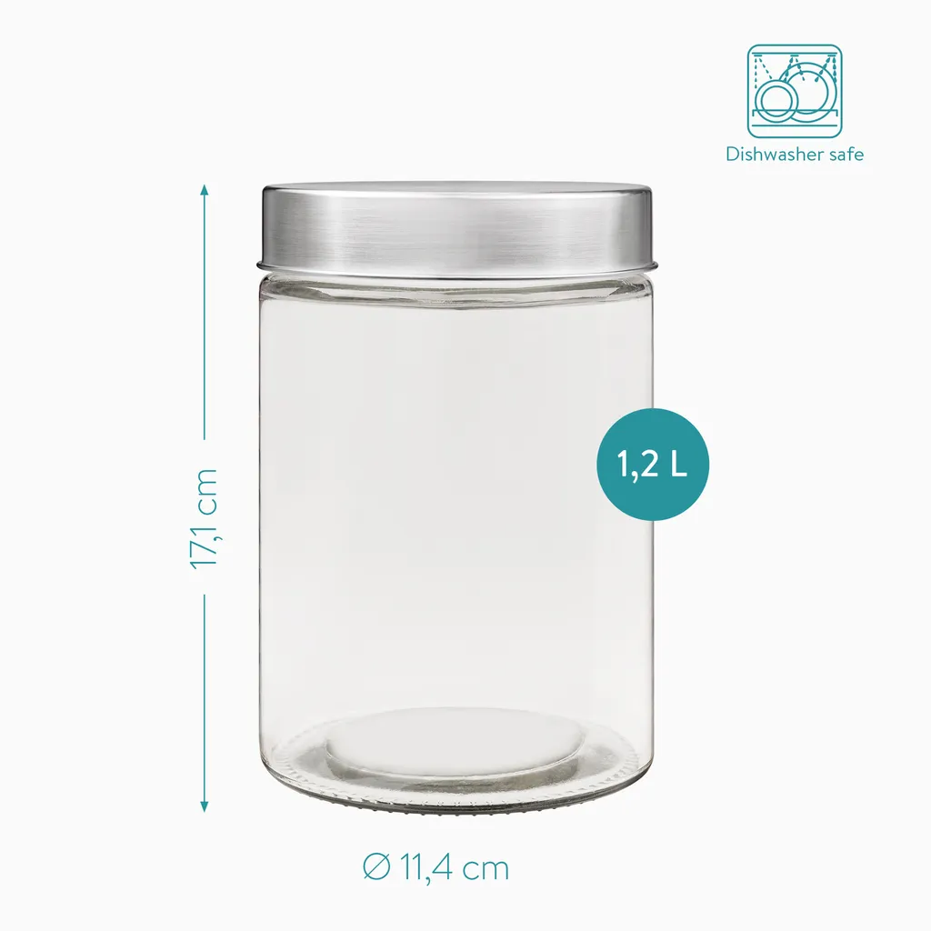 Navaris 4x 1200ml Vorratsgläser Mit Edelstahldeckel - Glas Vorratsdosen Set Mit Sicherem Schraubverschluss - Lebensmittel Aufbewahrungsgläser Küche – Bild 3