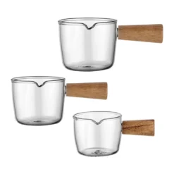 3 Stück Glas Messbecher Hitzebeständiger Holzgriff Glaswaage Tasse Milchtasse Glasmessbecher 50ml/100ml/150ml