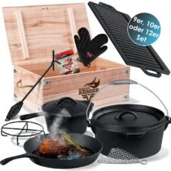 KESSER® Dutch Oven Set In Holzkiste Mit Dutch Oven Mit Viel Zubehör - Gusseisen - Bereits Eingebrannt Mit Kochtopf Grillplatte Pfanne Deckelheber Inkl. Rezeptbuch Handschuhe, Farbe:12-Teilig