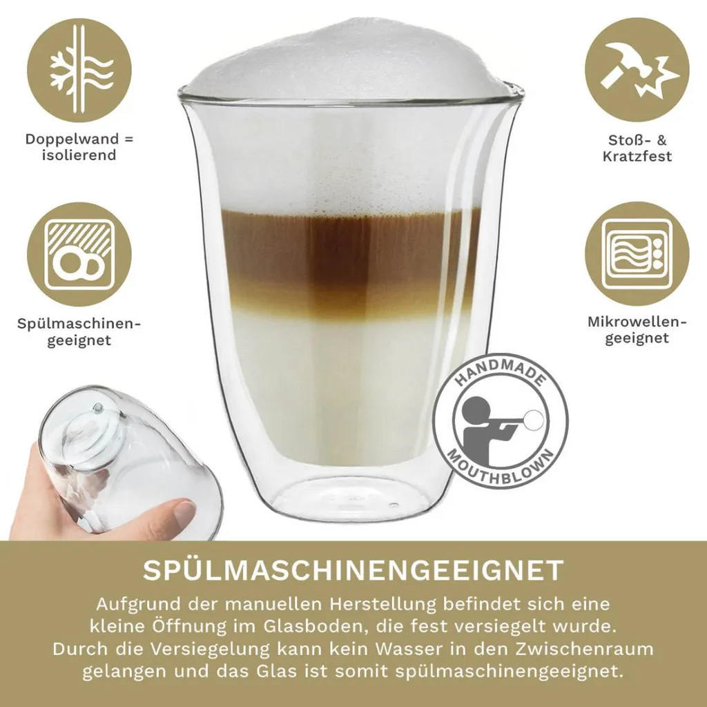 Creano Doppelwandige Gläser 250ml „DG-V“, 4er Set, Thermoglas Doppelwandig Aus Borosilikatglas, Kaffeegläser, Teegläser, Latte Gläser, Doppelwandgläser – Bild 3