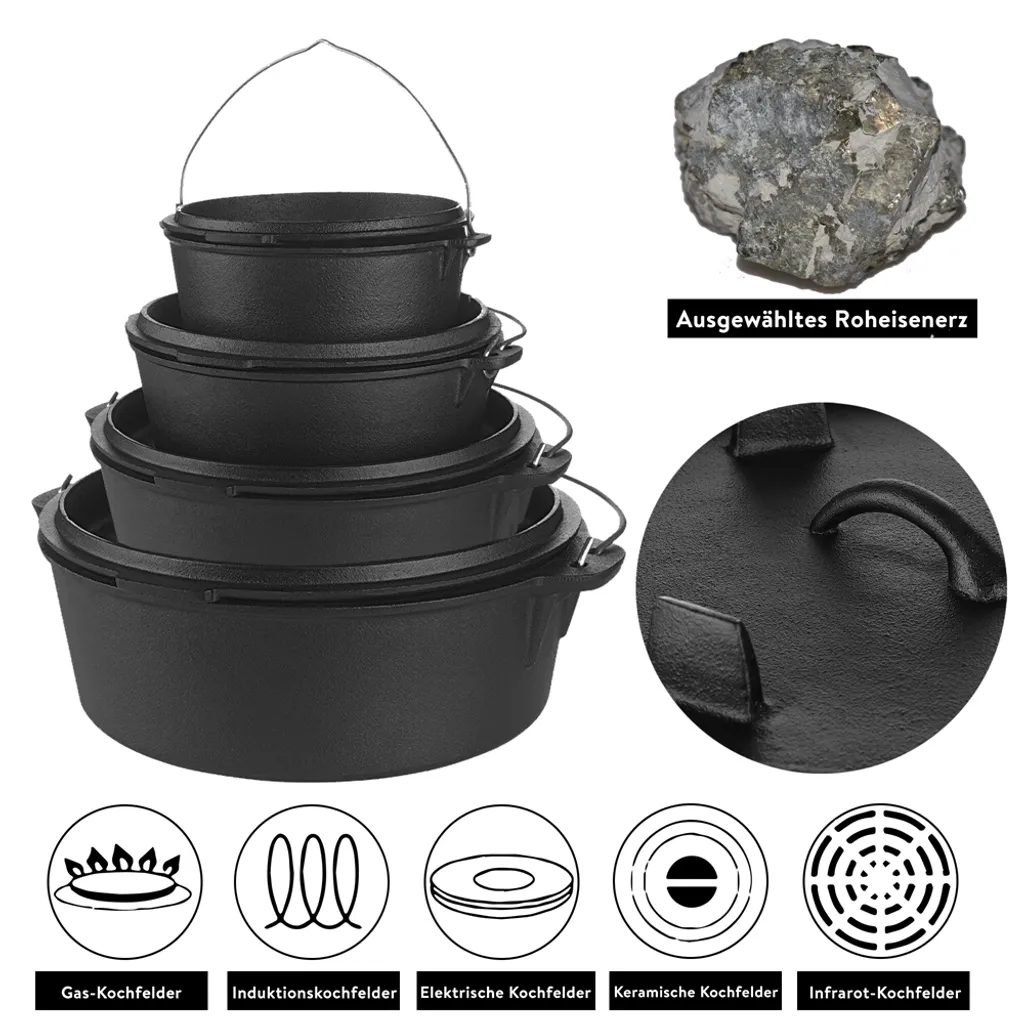 Mucola Gusseisen Feuertopf Gusstopf Inkl. Deckelgriff 2in1 Kochtopf & Pfanne 9,0L Dutch Oven Potjie Camping Kochgeschirr – Bild 8