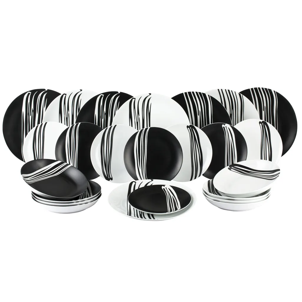 Waterside 0000006105 Tafelservice Milan Für 8 Personen + Streifen, Porzellan, Rund, Schwarz/weiß (1 Set, 24-teilig)