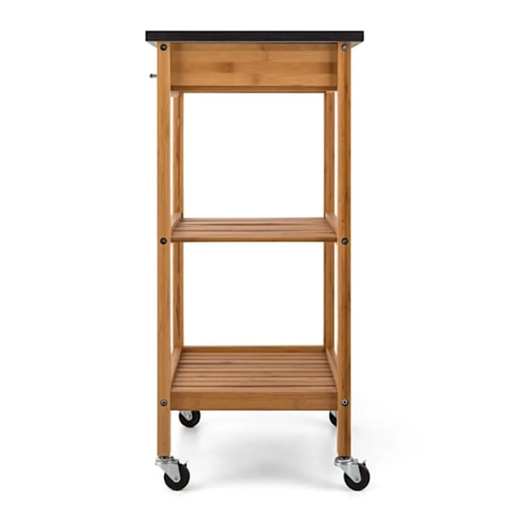Klarstein Tennessee Servierwagen - Küchenwagen , Rollwagen , 3 Etagen , 2 Ablageflächen , Herausnehmbare Schublade , Schwarze Granitarbeitsfläche , Sichere Feststellbremsen , Bambusholz , Braun – Bild 9