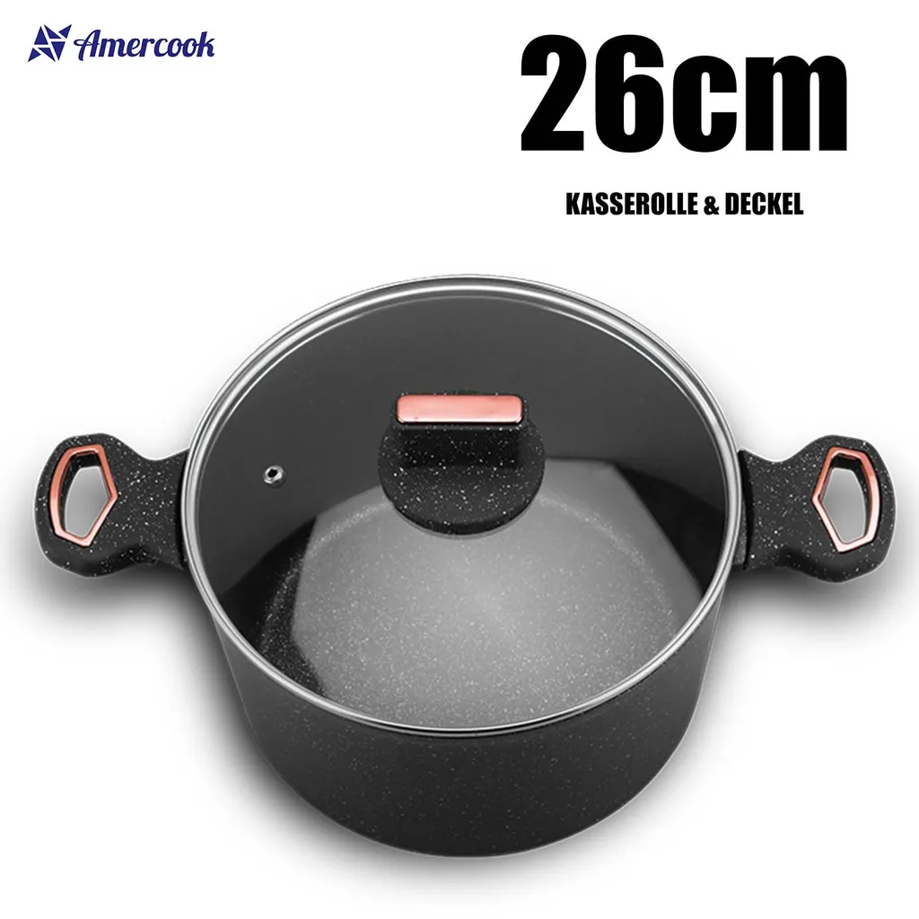 AMERCOOK Brittany 26 Cm Kochtopf Mit Deckel - Kasserolle Mit Deckel Für Alle Herdarten Topf Induktionsgeeignet Antihaft - Steinoptik Induktionstopf Antihaft- & Silikonbeschichtet Milchtopf – Bild 2