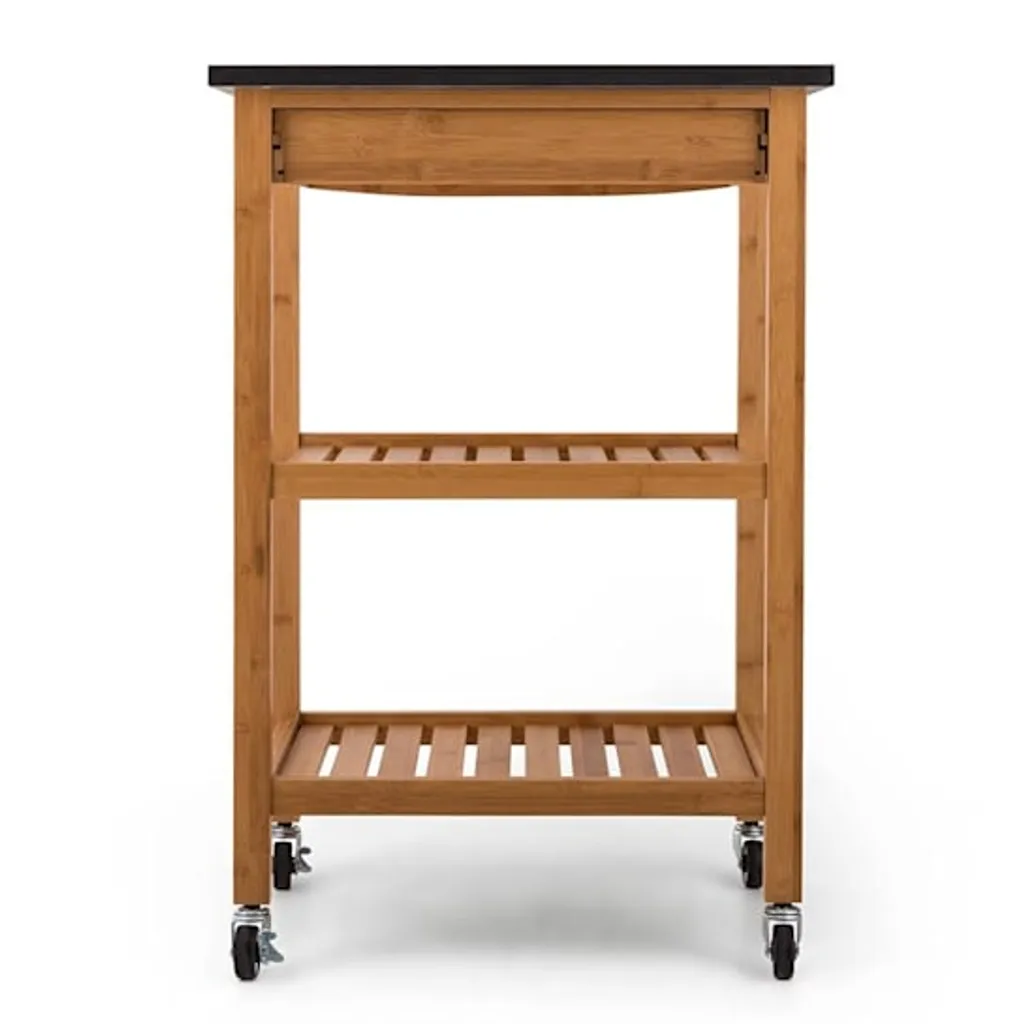 Klarstein Tennessee Servierwagen - Küchenwagen , Rollwagen , 3 Etagen , 2 Ablageflächen , Herausnehmbare Schublade , Schwarze Granitarbeitsfläche , Sichere Feststellbremsen , Bambusholz , Braun – Bild 8