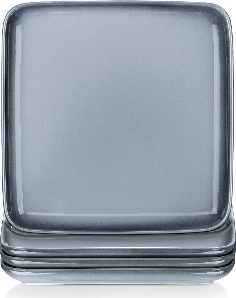 LOVECASA Tafelservice, 4-tlg Set Quadratische Speiseteller Aus Steingut, Flachteller, Frühstücksteller Für 4 Personen, Grau