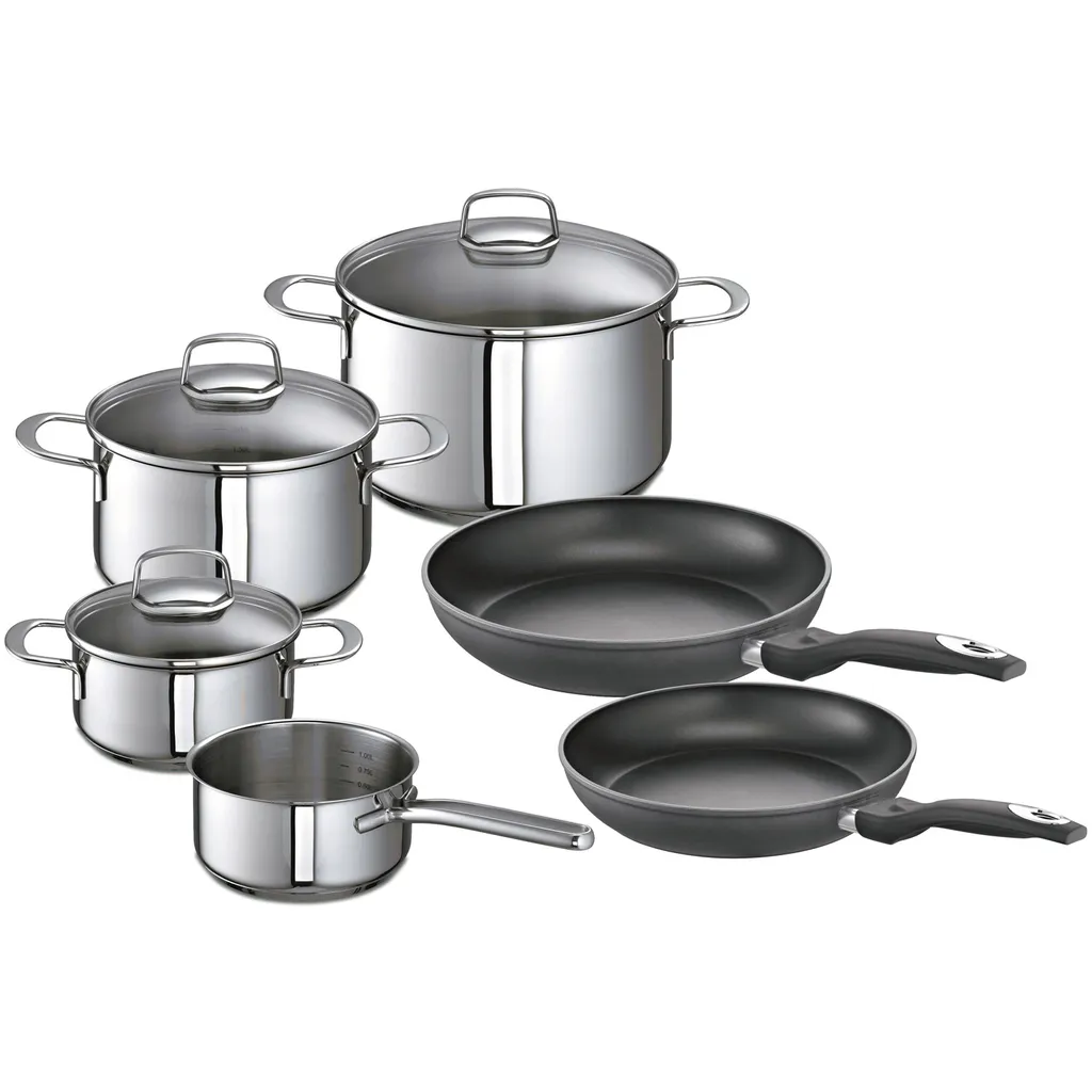 Schulte-Ufer Set 1071 Avanti Set, 9tlg. Edelstahl Topfset, Induktionstauglich, Inklusive 3 Glasdeckel & 2 Bratpfannen, Innenskalierung, Schüttrand