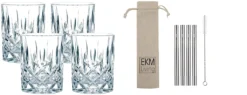 Spiegelau & Nachtmann, 4-teiliges Whisky/Longdrink-Set, Noblesse, 89207 + 4er Set EKM Living Edelstahl Strohhalme (Silber)