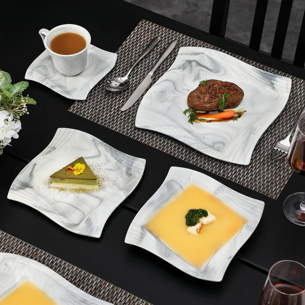 MALACASA, AMPARO 30 Tlg. Marmor Porzellan Geschirrset Kombiservice Tafelservice Mit Kaffeetassen, Unterteller, Dessertteller, Suppenteller, Speiseteller Für 6 Personen – Bild 4