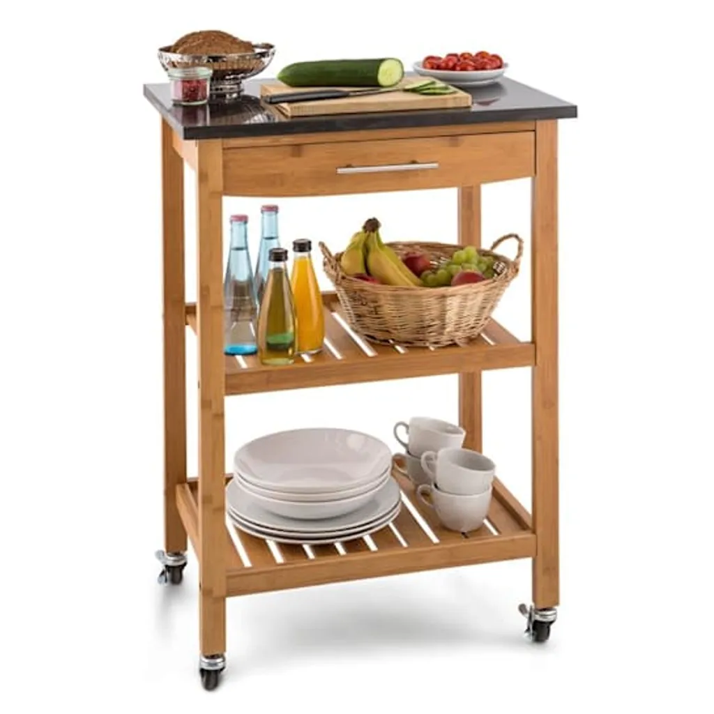 Klarstein Tennessee Servierwagen - Küchenwagen , Rollwagen , 3 Etagen , 2 Ablageflächen , Herausnehmbare Schublade , Schwarze Granitarbeitsfläche , Sichere Feststellbremsen , Bambusholz , Braun