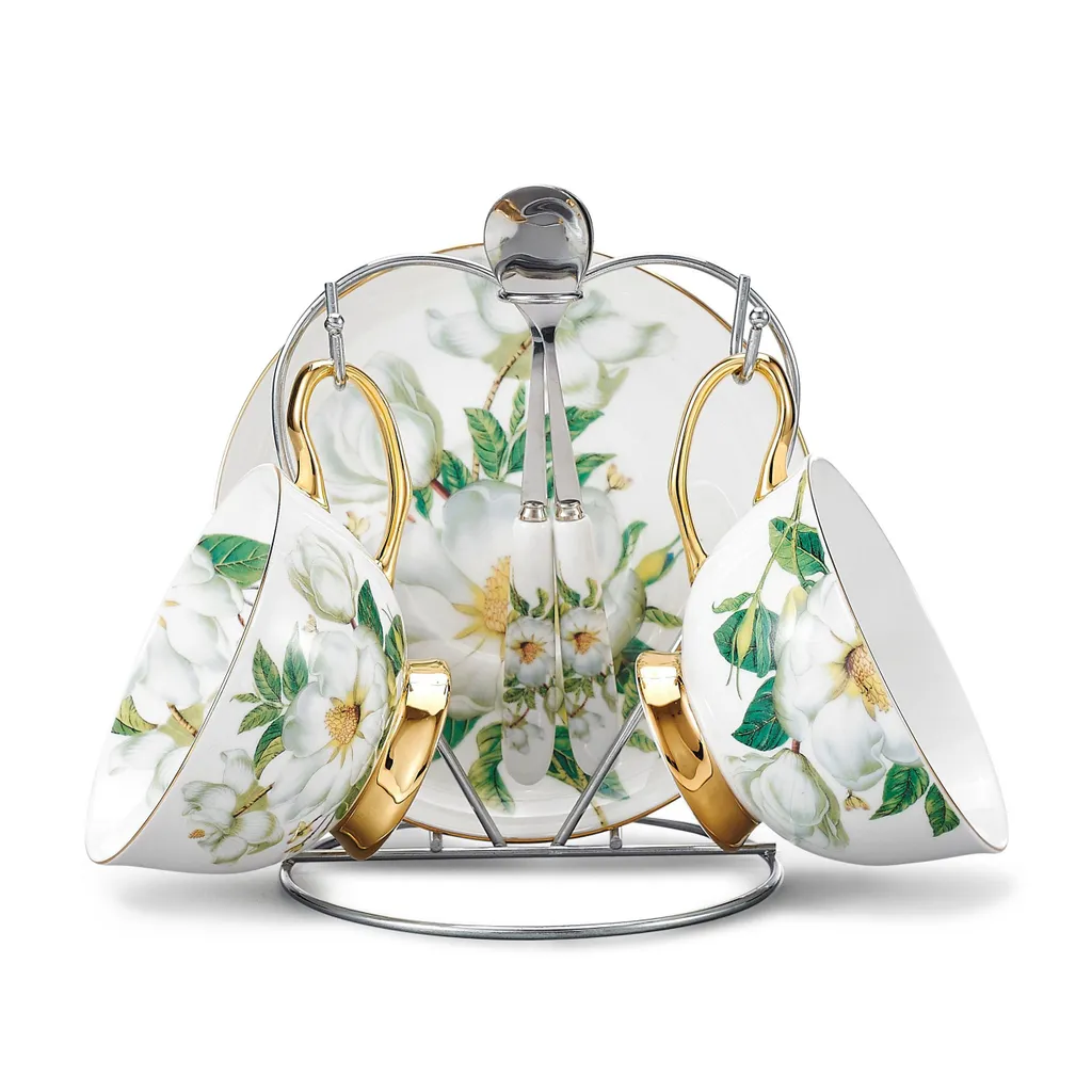 Panbado Kaffeeservice Set Aus Premium Bone China Porzellan, Beinhaltet 2 Kaffeetassen, 2 Untertassen, 2 Löffel, 1-tlg Metallständer – Bild 2