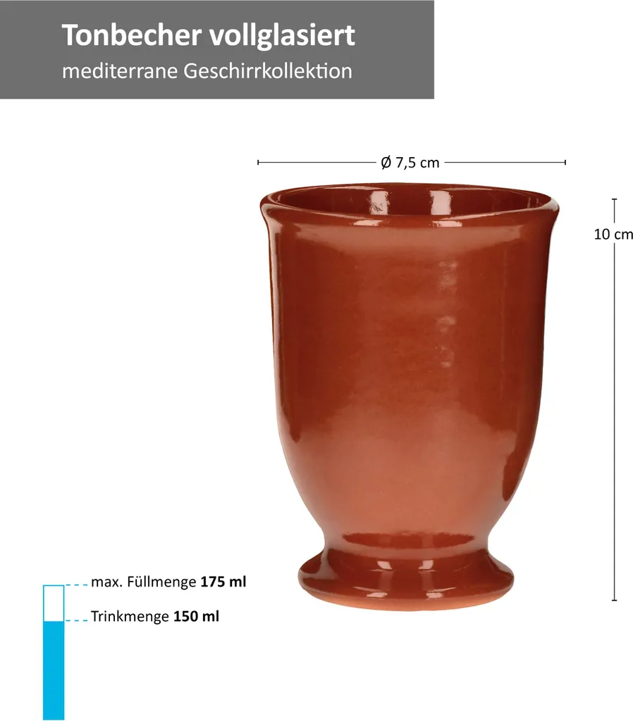 7tlg.-Set: Tonkrug 1.9L + 6 Tonbecher 175ml Ton-Geschirr Rotbraun Glasiert Servier-Kanne Tassen – Bild 3