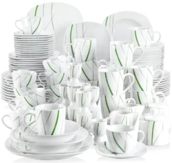 VEWEET Porzellan Tafelservice 'Aviva' 100-teilig Set, Kombiservice Mit Dessertteller, Speiseteller, Suppenteller, Müslischalen, Kaffeebecher, Kaffeetassen Set, Eierbecher, Milch- Und Zuckerset