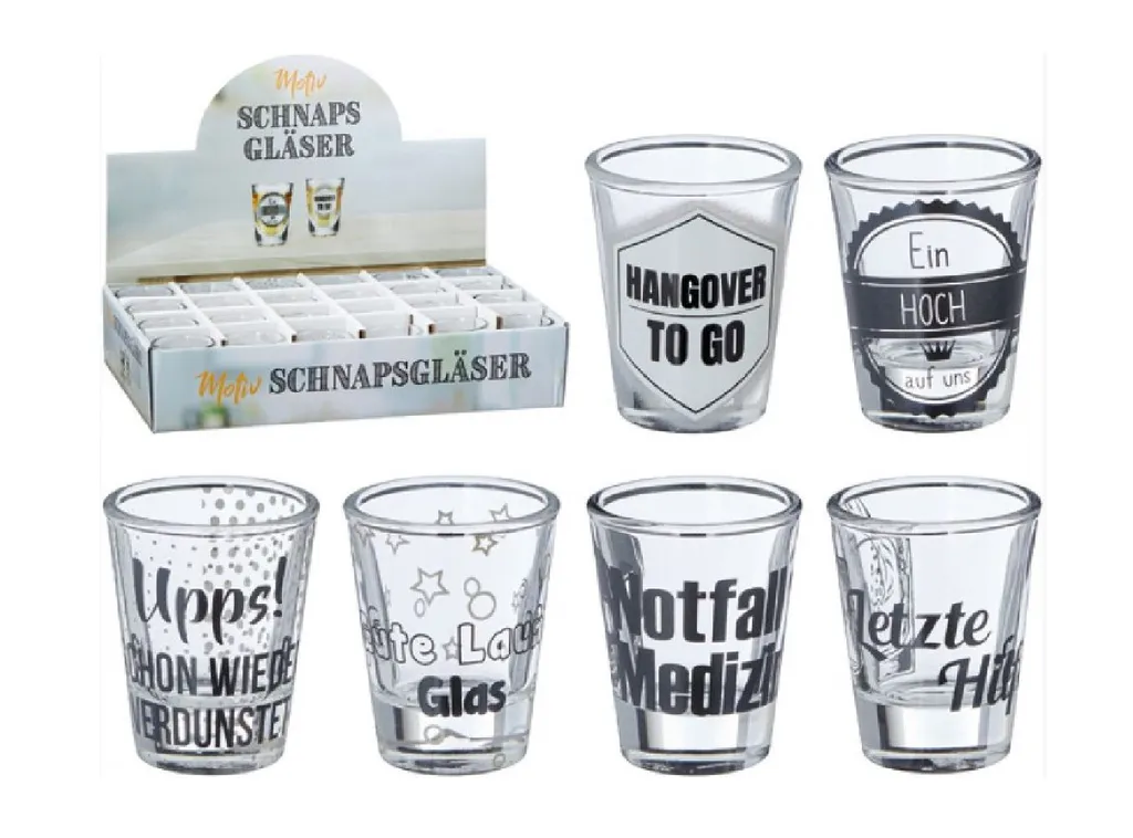Schnapsgläser Shooter Stamper Partygläser 40 Ml / 4 Cl Mit Lustigen Sprüchen 24 Stück 6-fach Sortiert