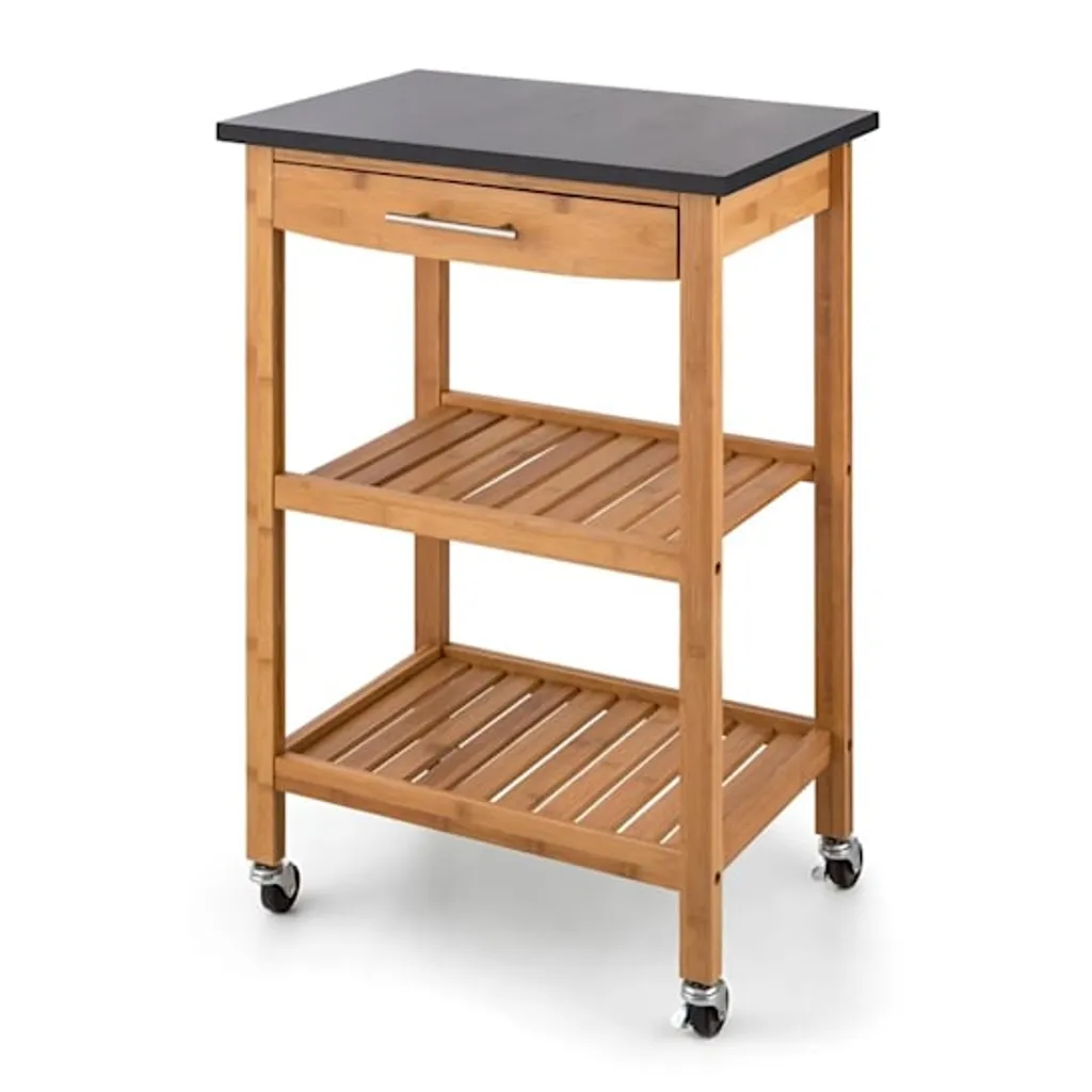Klarstein Tennessee Servierwagen - Küchenwagen , Rollwagen , 3 Etagen , 2 Ablageflächen , Herausnehmbare Schublade , Schwarze Granitarbeitsfläche , Sichere Feststellbremsen , Bambusholz , Braun – Bild 3