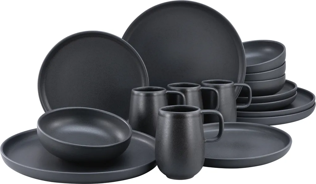 CreaTable 22978 Kombiservice Uno BLACK Für 4 Personen, Steinzeug, Schwarz (1 Set, 16-teilig)