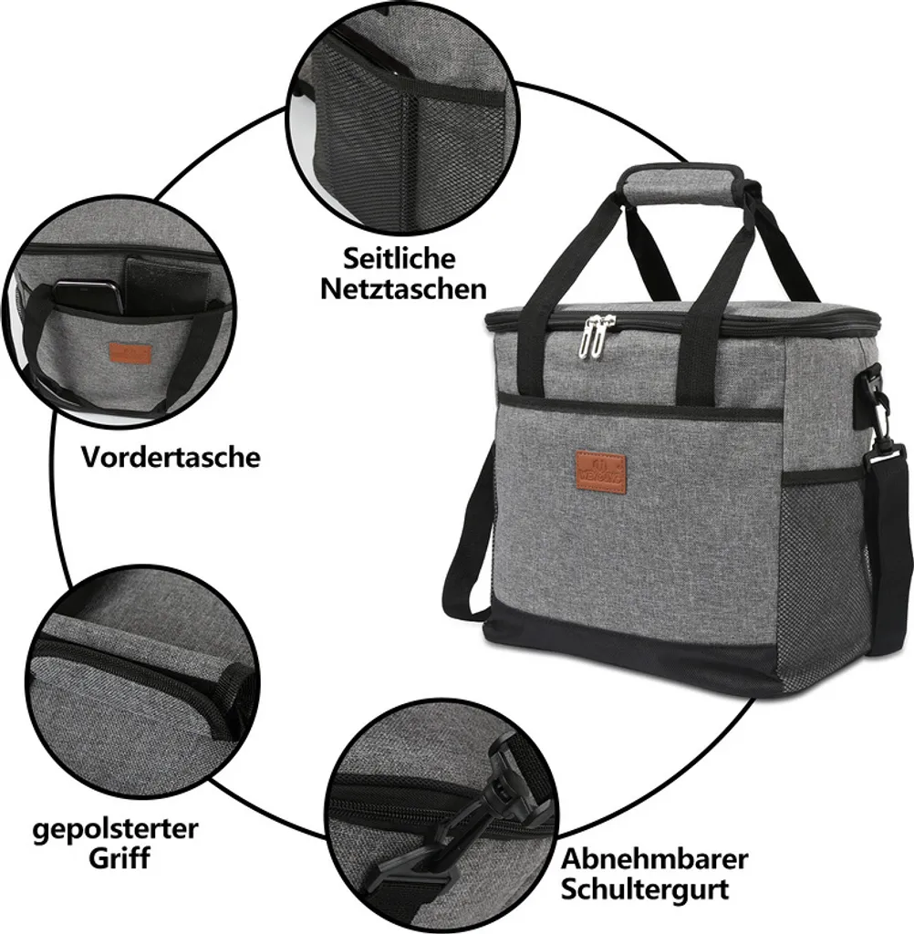 Lospitch 25L Kühltasche Faltbar Kühlkorb Kühlbox Isoliertasche Thermotasche Picknicktasche Für Lebensmitteltransport, Grau – Bild 3