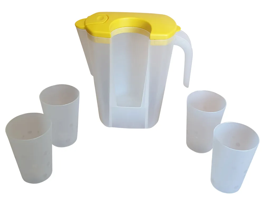 Saftkrug Mit 4 Trinkbechern Pendel-Ausguss Karaffe Mit Deckel Saftkanne, Farbe:gelb – Bild 2