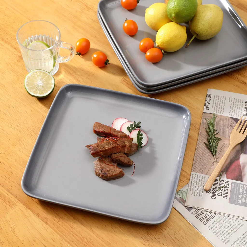 LOVECASA Tafelservice, 4-tlg Set Quadratische Speiseteller Aus Steingut, Flachteller, Frühstücksteller Für 4 Personen, Grau – Bild 4