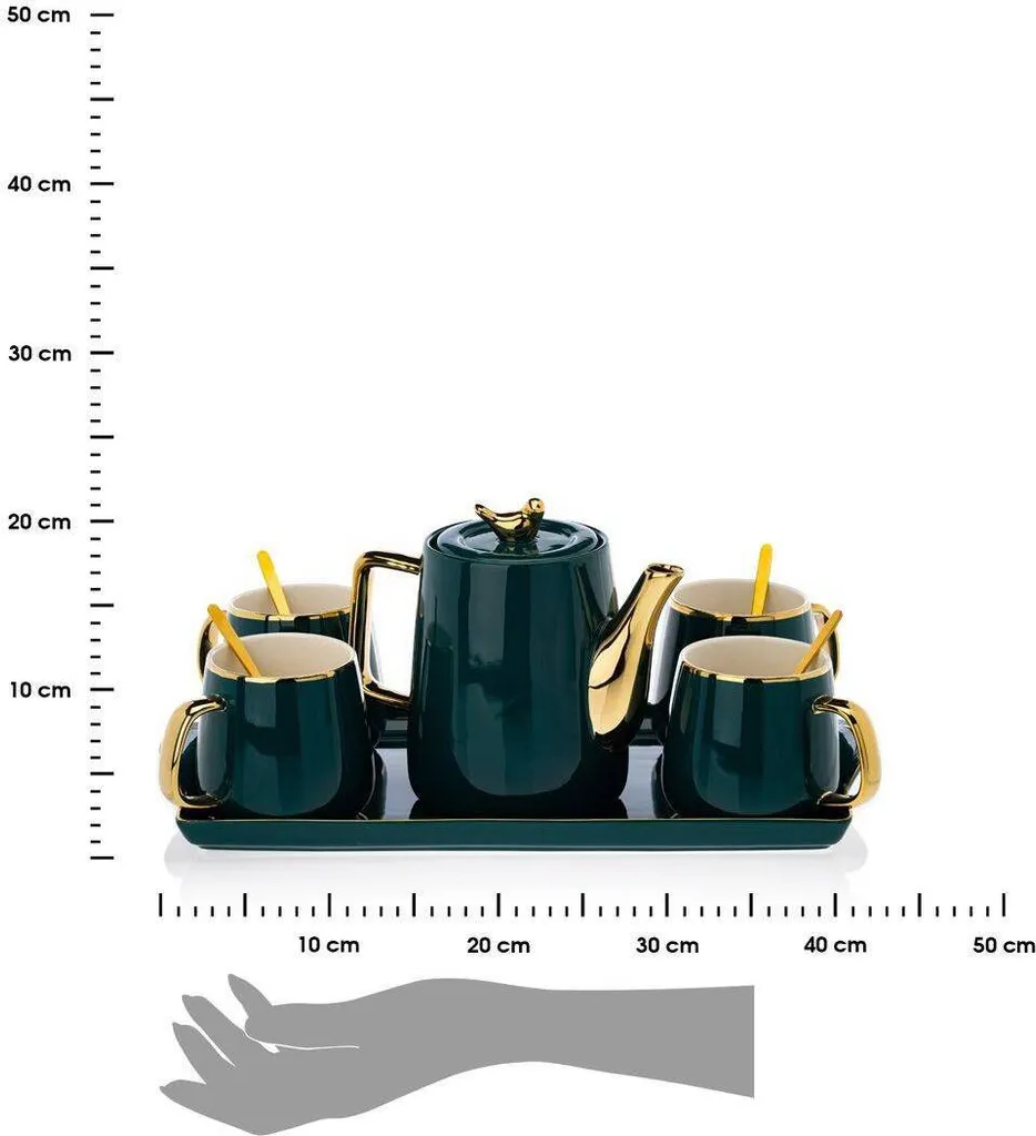 HowHomely Kaffeeservice Keramik 4 Personen - Teeservice 10-tlg. - Grün-Gold – Bild 3