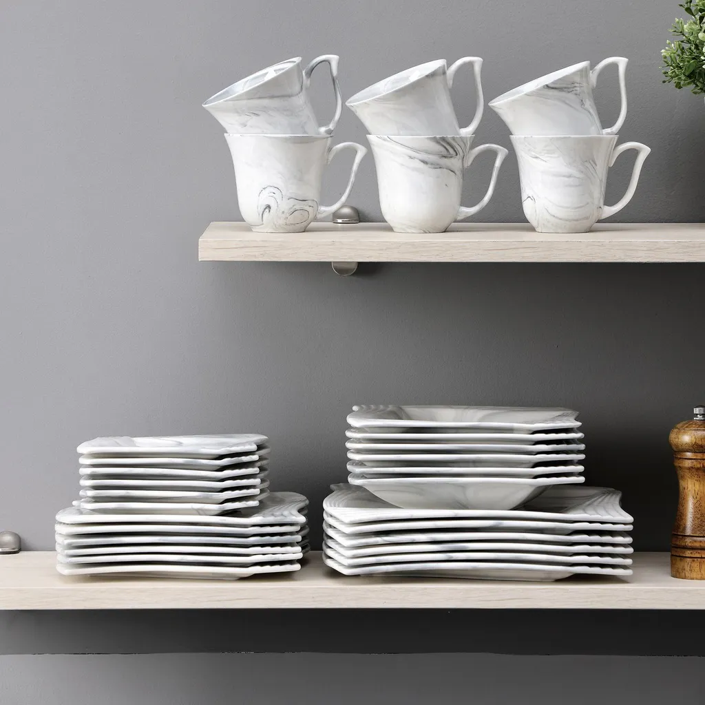 MALACASA, AMPARO 30 Tlg. Marmor Porzellan Geschirrset Kombiservice Tafelservice Mit Kaffeetassen, Unterteller, Dessertteller, Suppenteller, Speiseteller Für 6 Personen – Bild 7