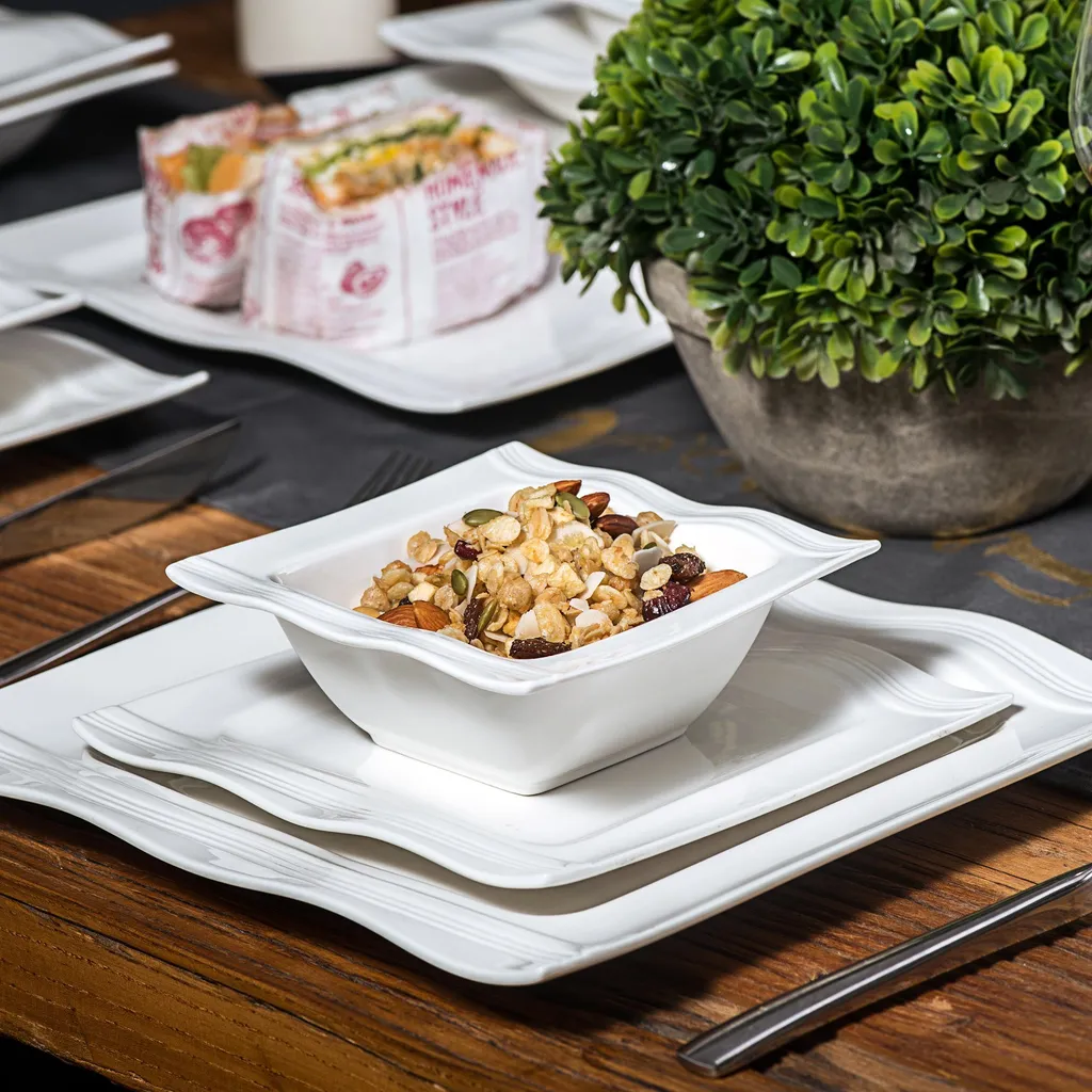 MALACASA, Serie Mario, 28-teilig Kombiservice Aus Porzellan Geschirrset Mit Je 6 Schalen, 6 Dessertteller, 6 Suppenteller, 6 Speiseteller, 2 Rechteckige Platten Und 2 Salz- Und Pfefferdosen – Bild 3