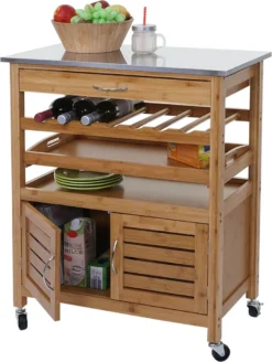 Servierwagen HWC-D15, Küchenwagen Barwagen Rollwagen Küchenhelfer Beistellwagen, Bambus Mit Edelstahlplatte 89x70x37cm