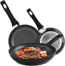 3tlg Pfannenset Mit Antihaftbeschichtung - Kratzfest Mit Isoliertem Griff Induktion 20 +24 +28cm Schwarz