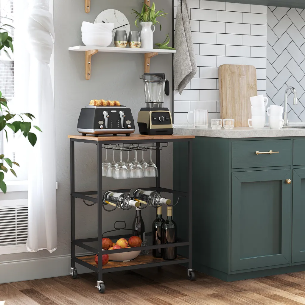 VASAGLE Servierwagen, Küchenwagen Auf Rollen, Mit Ablagen, Glas- Und Flaschenhaltern, 60 X 40 X 75 Cm, Industrie-Design, Vintagebraun-schwarz LRC087B01