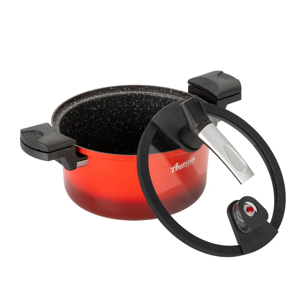 AMERCOOK Fresh Cooker Kochtopf Niederdrucktopf 24 Cm - Universal-Topf Für Alle Herdarten Kochtopf - Induktionsgeeigneter Kochtopf Energiespartopf - Kochtopf Vitaminschonend Schnellkochtopf Mit Ventil – Bild 2
