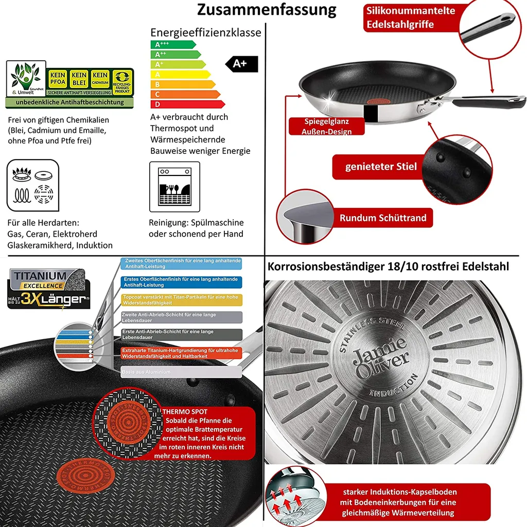 Tefal J90929 Jamie Oliver Pfannenset Induktion 4 TLG, Set Angebot, Pfanne 28 Cm + Pfanne 24 Cm, Edelstahl – Bild 4