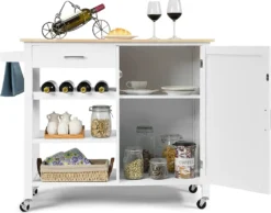COSTWAY Küchenwagen Auf Rollen, Kücheninsel Mit Schublade, Weinregal, Offene Regale & Handtuchhalter, Platzsparender Servierwagen, Für Küche, Esszimmer, Bar, Weiß