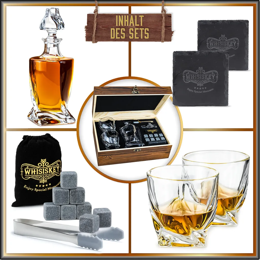 Whisiskey - Whisky Karaffe – Twisted Dekanter Set - Whiskey Karaffe Set - 1000ML - Geschenke Für Männer - Inkl. 8 Whisky Steine, Zange & 2 Whisky Gläser – Bild 6
