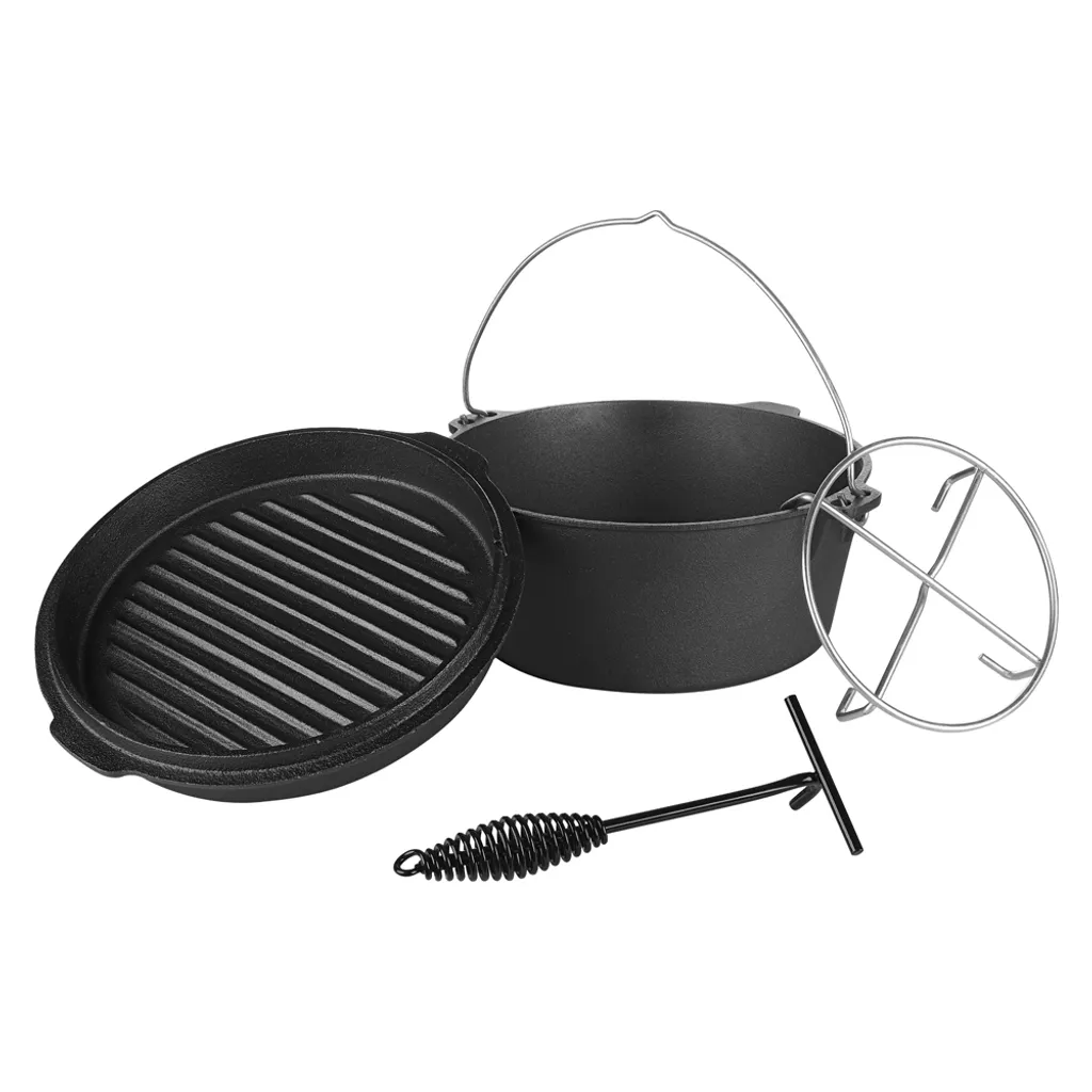 Mucola Gusseisen Feuertopf Gusstopf Inkl. Deckelgriff 2in1 Kochtopf & Pfanne 9,0L Dutch Oven Potjie Camping Kochgeschirr