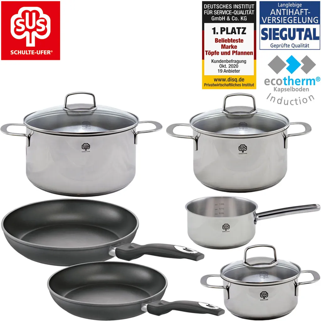 Schulte-Ufer Set 1071 Avanti Set, 9tlg. Edelstahl Topfset, Induktionstauglich, Inklusive 3 Glasdeckel & 2 Bratpfannen, Innenskalierung, Schüttrand – Bild 2