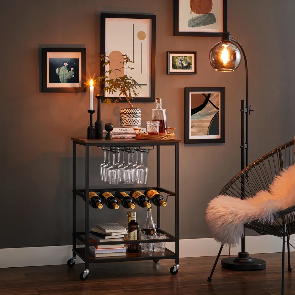 VASAGLE Servierwagen, Küchenwagen Auf Rollen, Mit Ablagen, Glas- Und Flaschenhaltern, 60 X 40 X 75 Cm, Industrie-Design, Vintagebraun-schwarz LRC087B01 – Bild 9