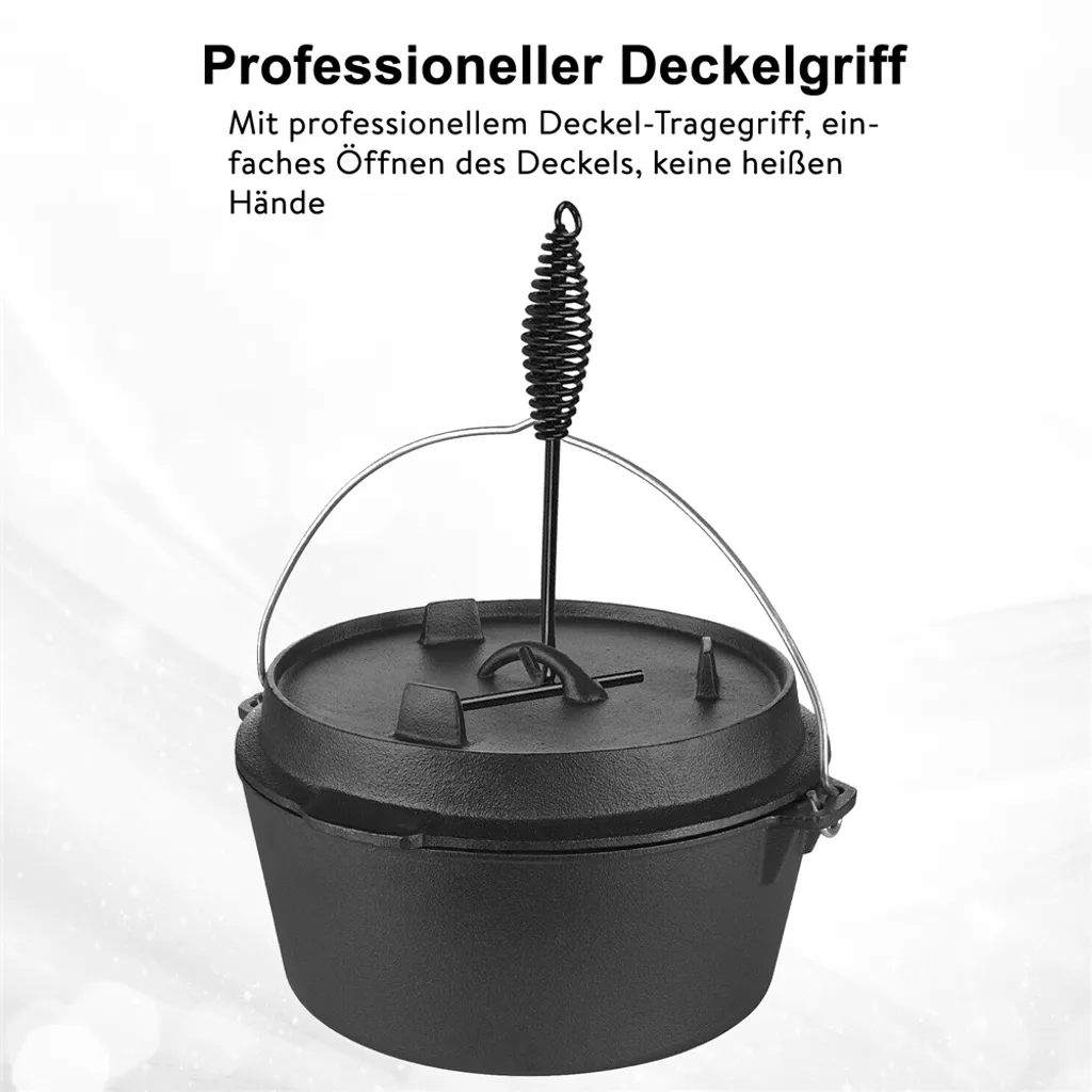 Mucola Gusseisen Feuertopf Gusstopf Inkl. Deckelgriff 2in1 Kochtopf & Pfanne 9,0L Dutch Oven Potjie Camping Kochgeschirr – Bild 4