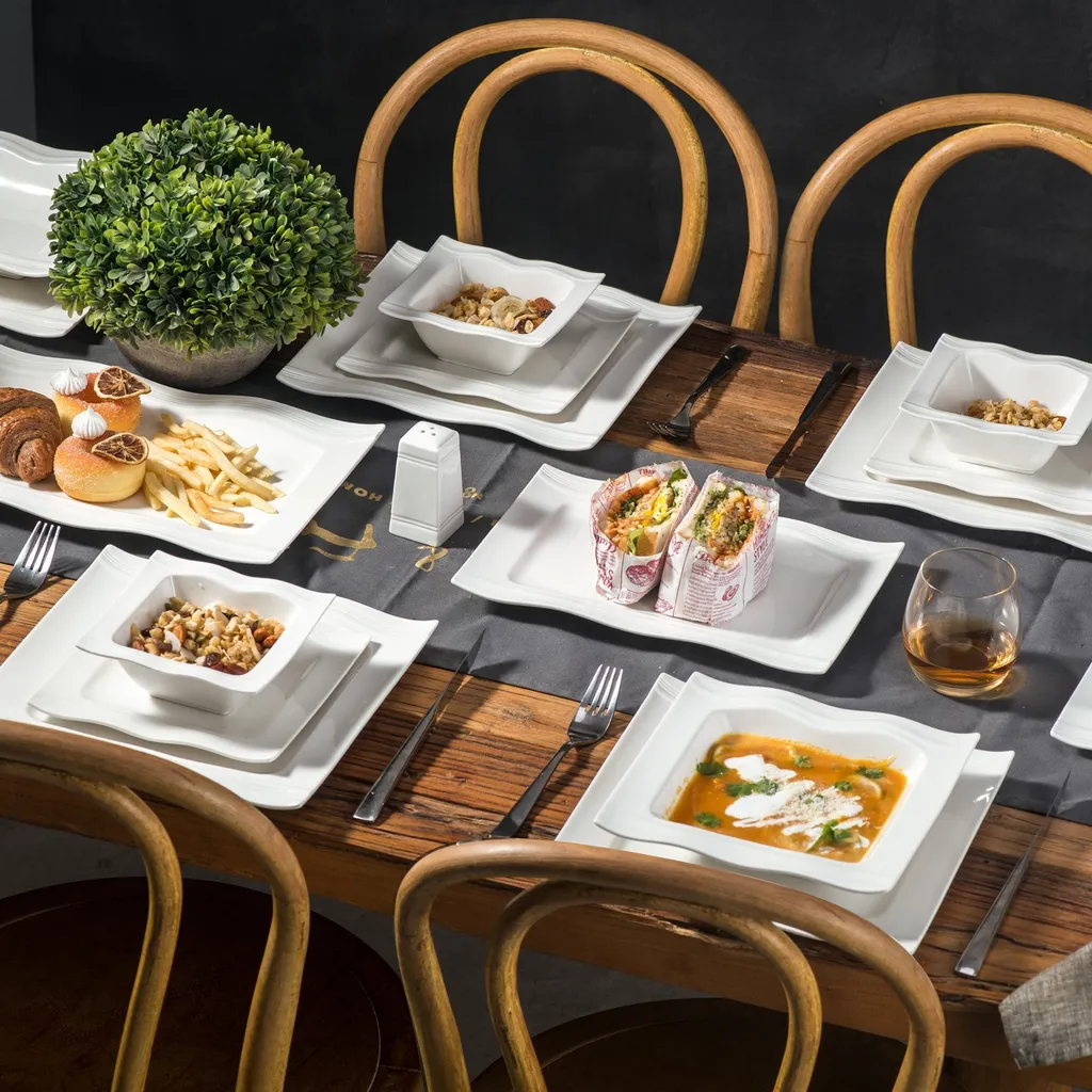 MALACASA, Serie Mario, 28-teilig Kombiservice Aus Porzellan Geschirrset Mit Je 6 Schalen, 6 Dessertteller, 6 Suppenteller, 6 Speiseteller, 2 Rechteckige Platten Und 2 Salz- Und Pfefferdosen – Bild 7