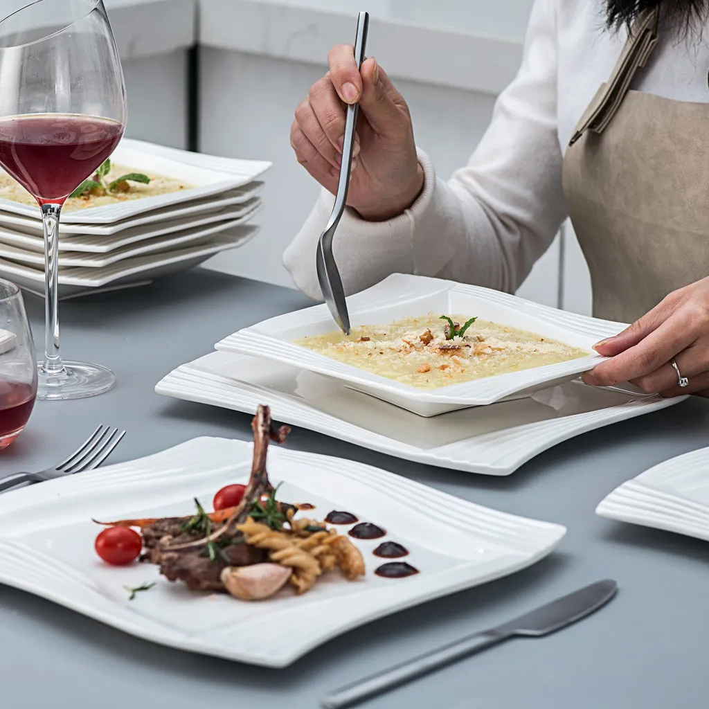 MALACASA, Serie Amparo, Cremeweiß Porzellan Tafelservice 12 Tlg. Set Speiseteller Und Suppenteller Geschirrset Für 6 Personen – Bild 5