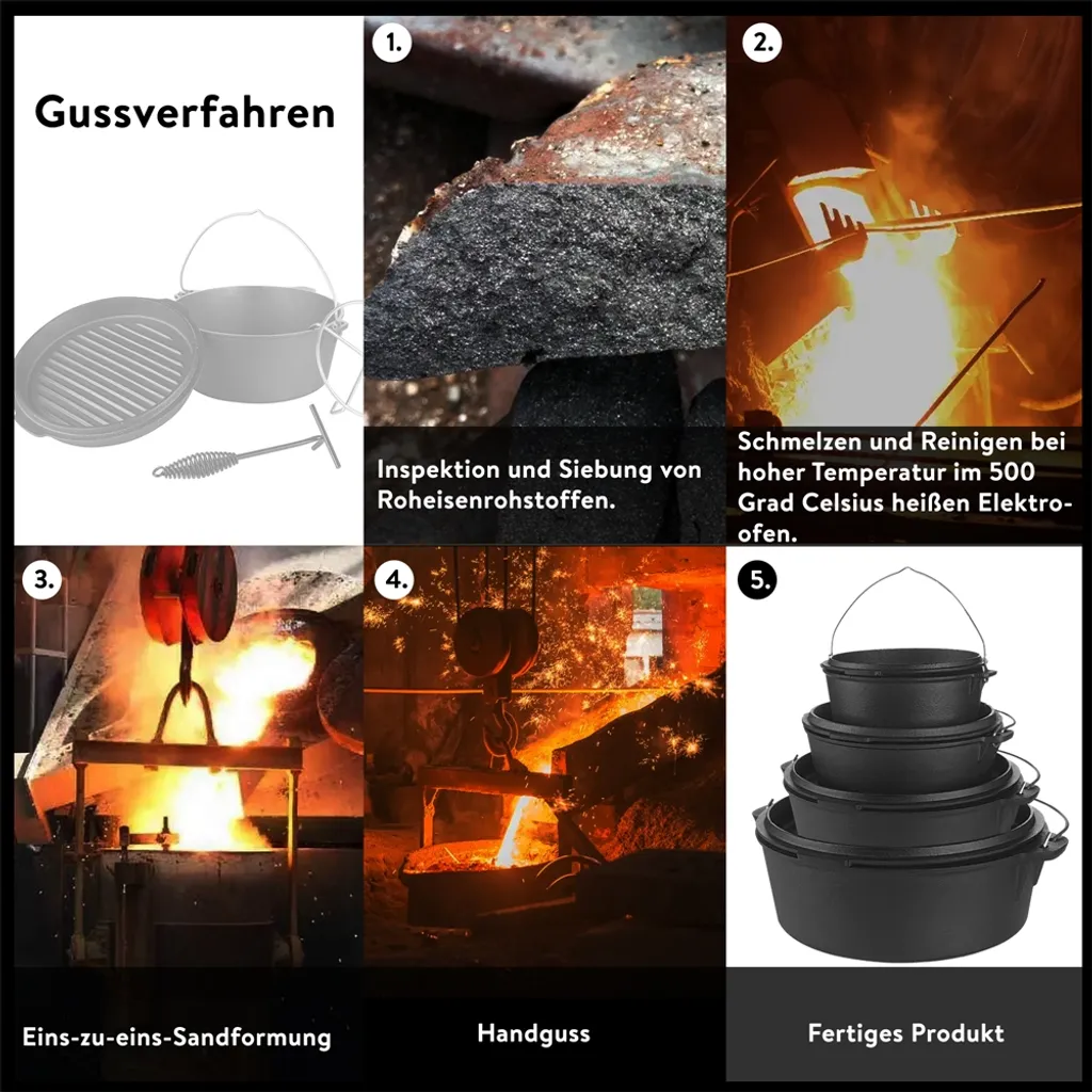 Mucola Gusseisen Feuertopf Gusstopf Inkl. Deckelgriff 2in1 Kochtopf & Pfanne 9,0L Dutch Oven Potjie Camping Kochgeschirr – Bild 9