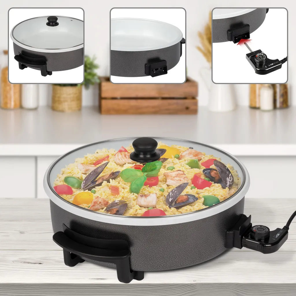 Clatronic PP 3570 C Elektropfanne XXL Partypfanne Elektrisch Mit Keramikbeschichtung Und Glas-Deckel,Ø 42 Cm Elektrische Multifunktionspfanne, Schwarz – Bild 4