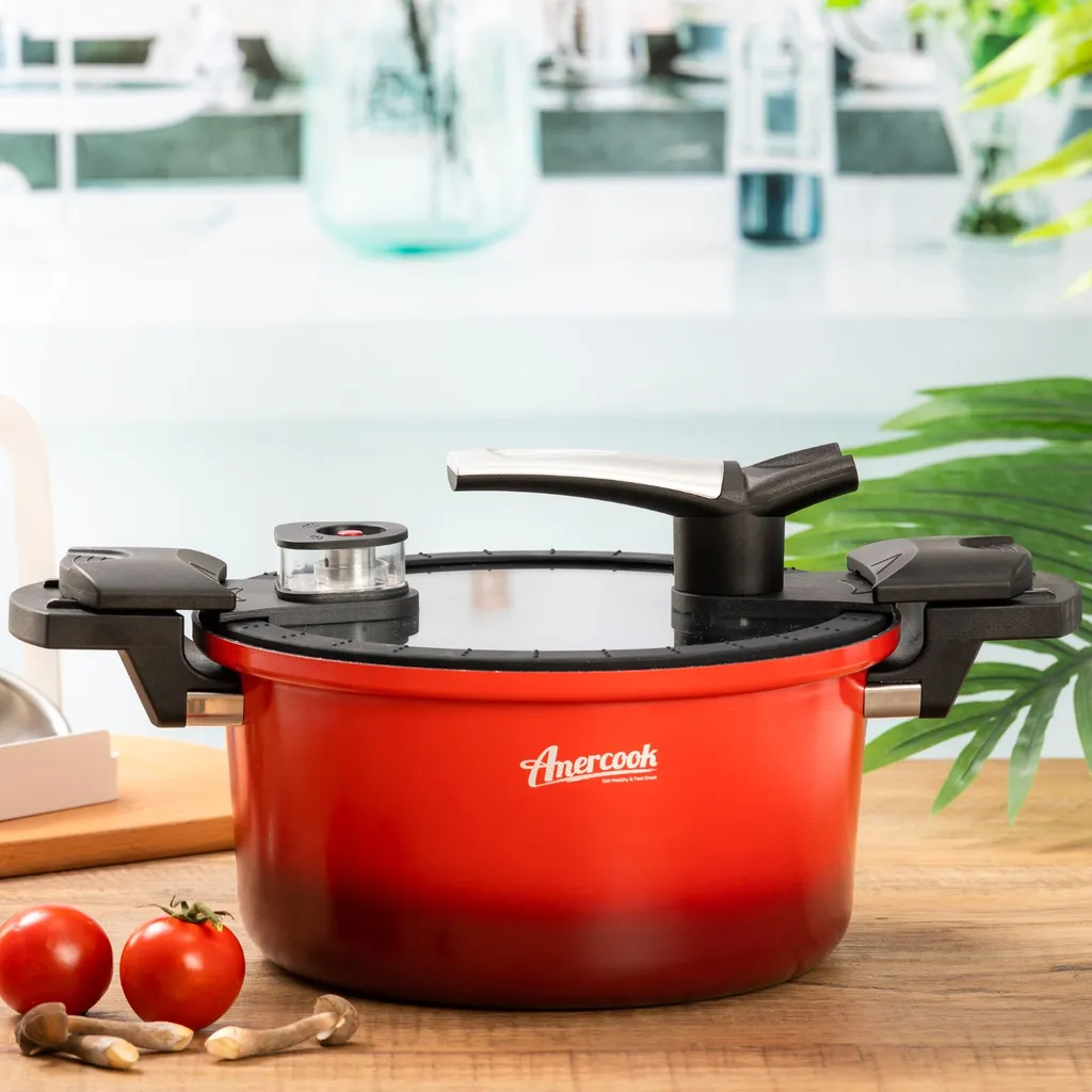 AMERCOOK Fresh Cooker Kochtopf Niederdrucktopf 24 Cm - Universal-Topf Für Alle Herdarten Kochtopf - Induktionsgeeigneter Kochtopf Energiespartopf - Kochtopf Vitaminschonend Schnellkochtopf Mit Ventil – Bild 10